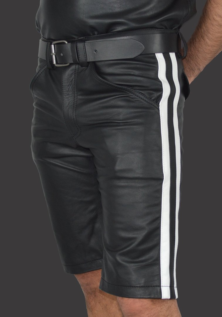 knee long smooth leather Leather Shorts With 2 Stripes