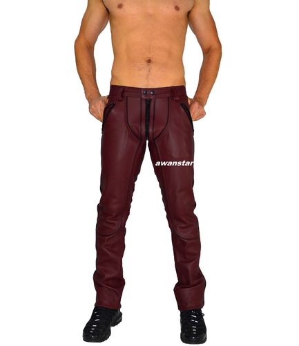 AW-1122 Leather trousers Burgundy with Black Piping