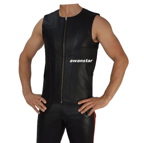 Men's Tank Top Leather Top with Front Zipper sleeveless Vest