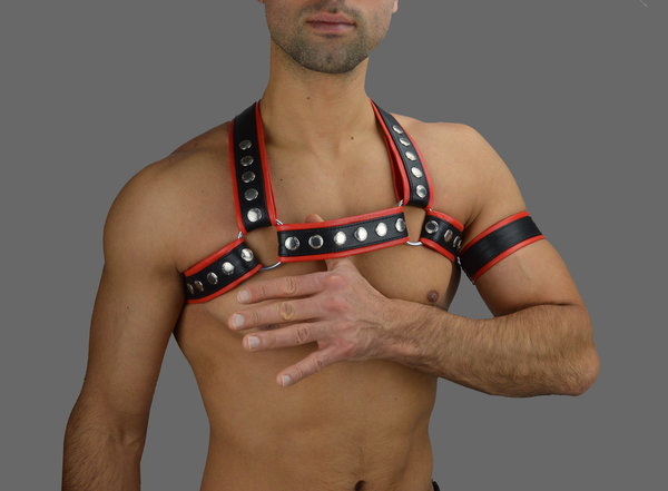 leather Chest Harness with Red piping
