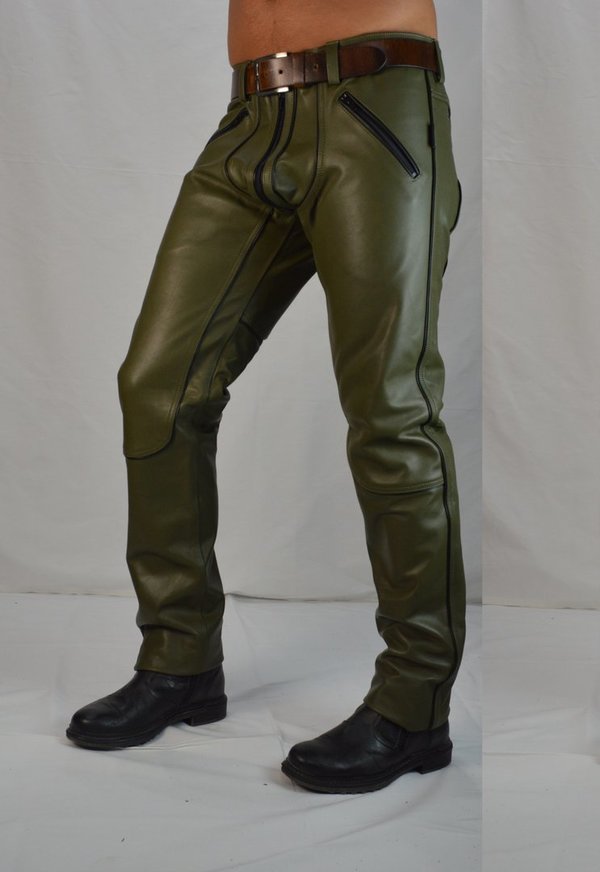 AW-1122 Leather trousers Moss Green with Black Piping