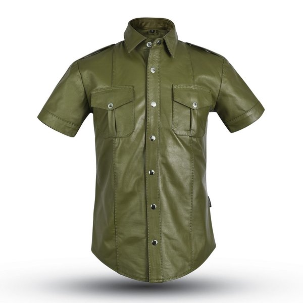 Slim Fit  Olive green Leather Shirt