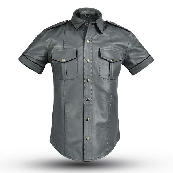 aw-6651 Slim Fit  Grey Leather Shirt with Black piping